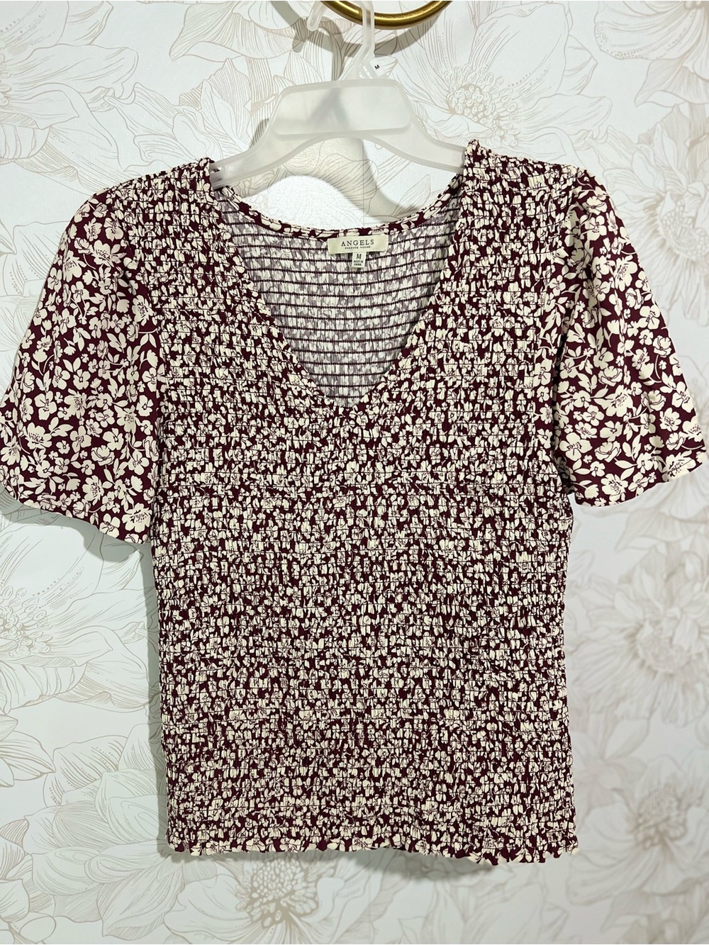 Angels Burgundy and Cream Peony Smocked Top